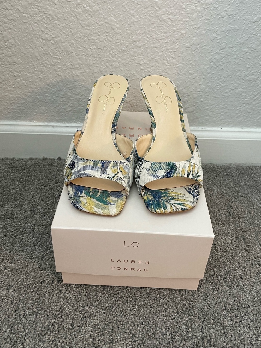 Jessica Simpson Floral Square-Toe Slide Mules | Blue & Green